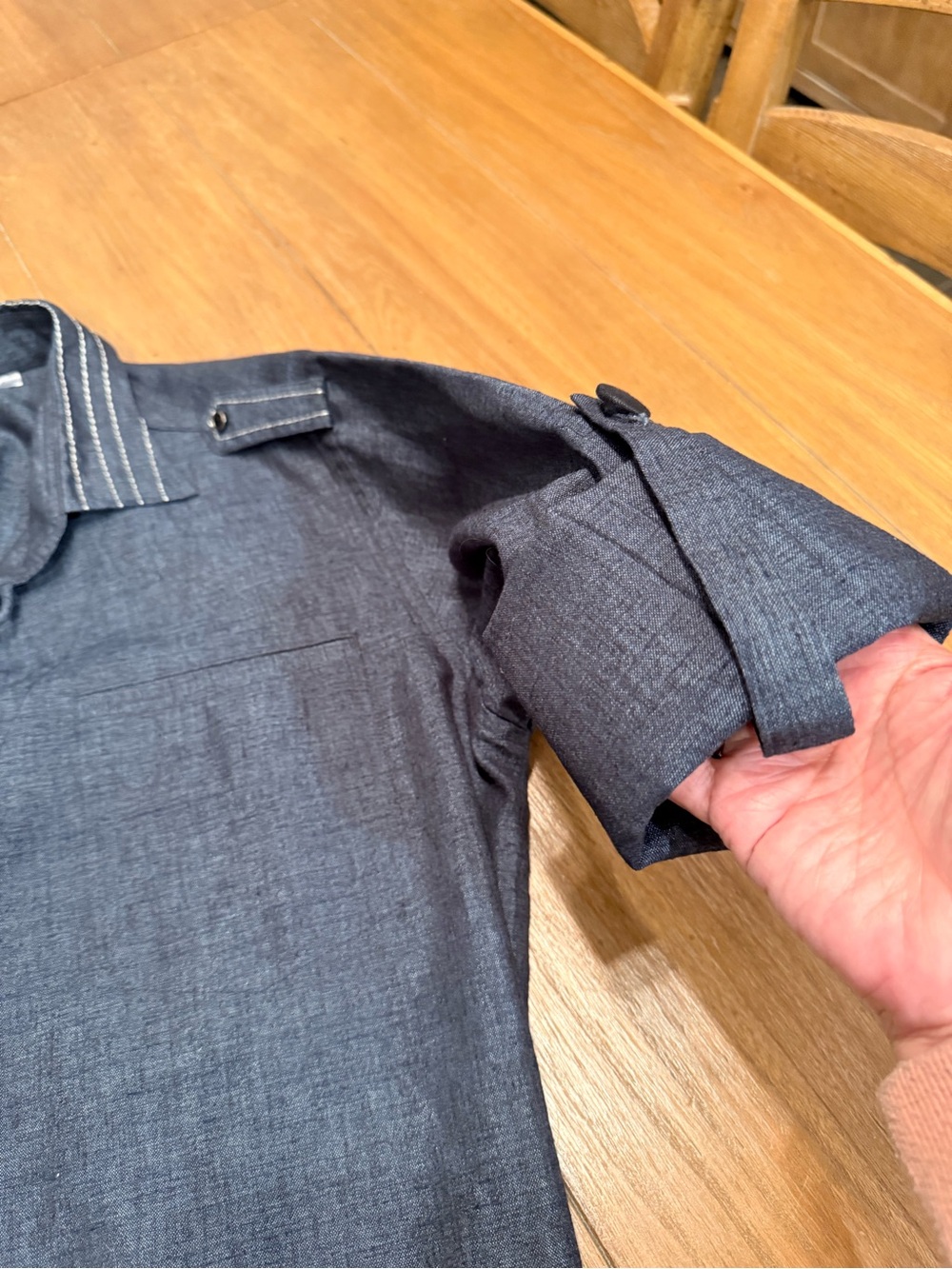 Women's Navy Denim Style Shirt Dress side slits adjustable sleeves Sz Large - Picture 11 of 16